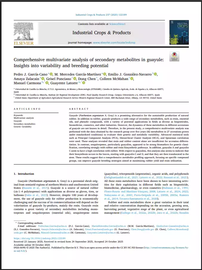 Comprehensive multivariate analysis of secondary metabolites in guayule: Insights into variability and breeding potential